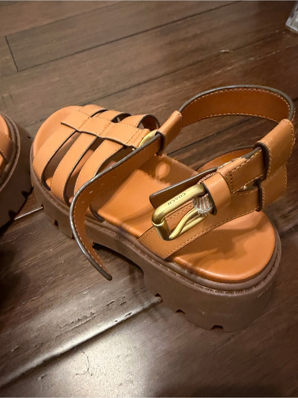Coach Womens' Tan Leather Gladiator Sandals with Gold C Logo - Picture 4 of 6